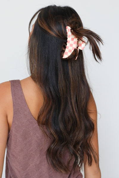 pink Checkered Claw Hair Clip on model