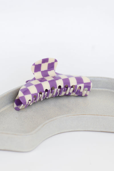 purple Checkered Claw Hair Clip flat lay