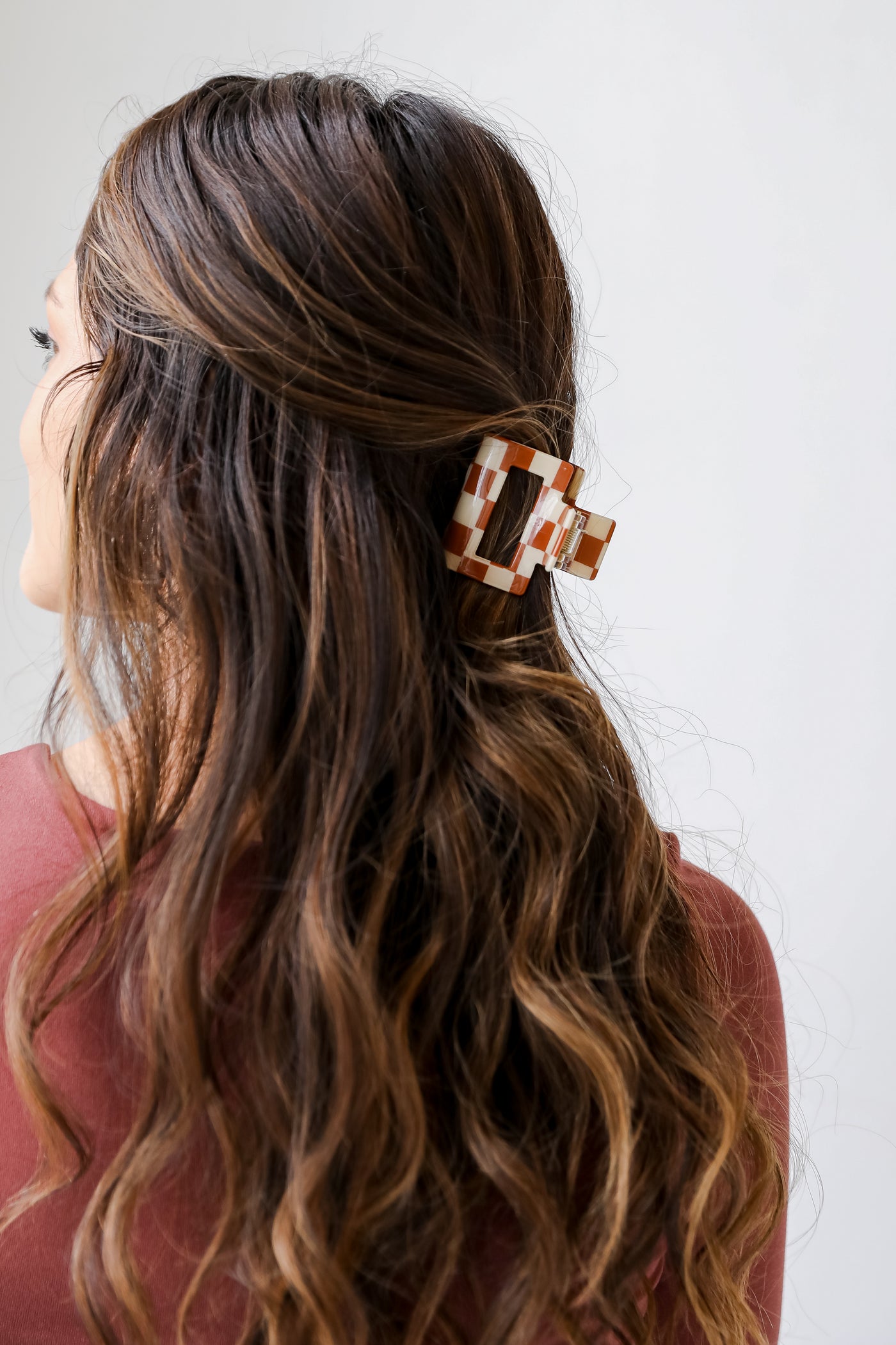 brown Checkered Mini Claw Hair Clip on model