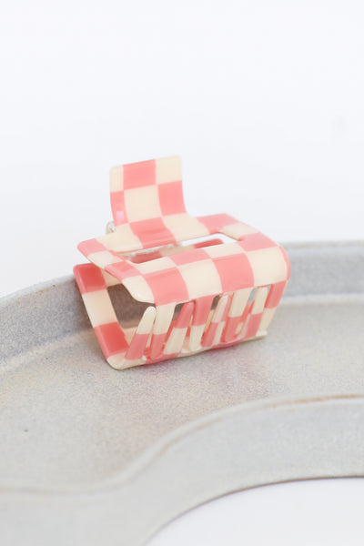 pink Checkered Mini Claw Hair Clip close up