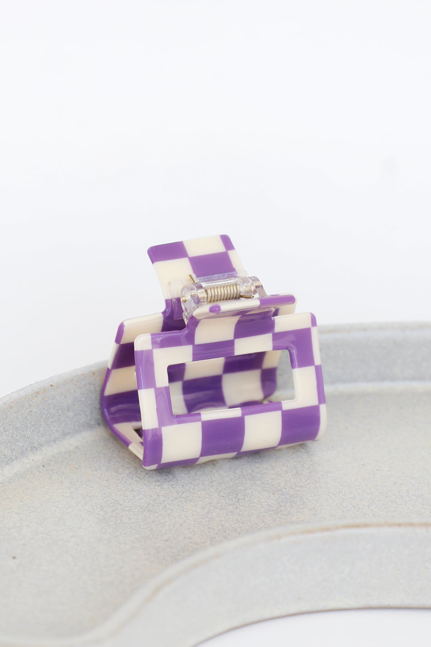 purple Checkered Mini Claw Hair Clip flat lay