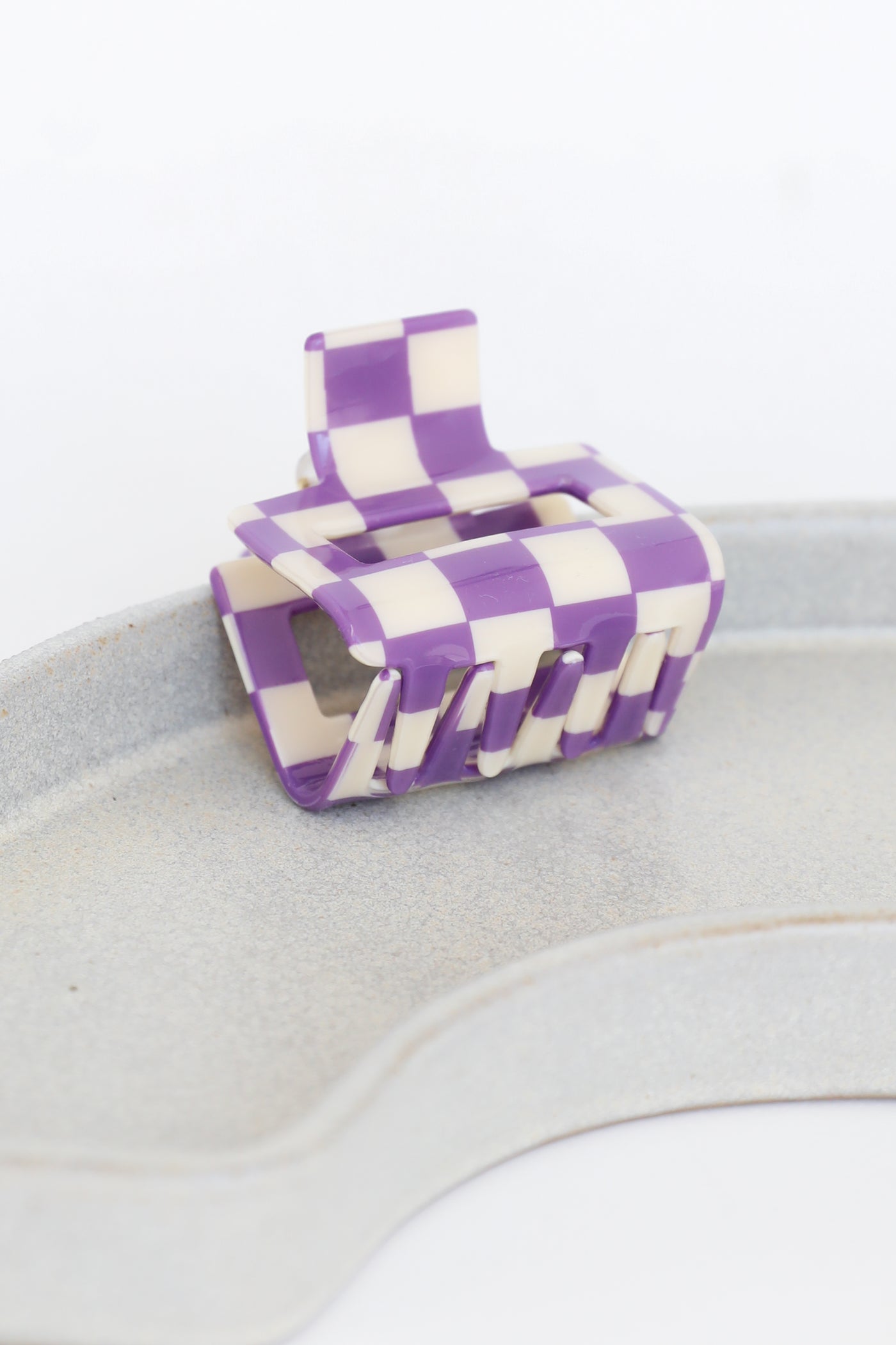 purple Checkered Mini Claw Hair Clip close up
