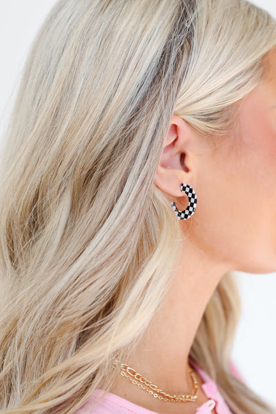 Acrylic Checkered Mini Hoop Earrings on model