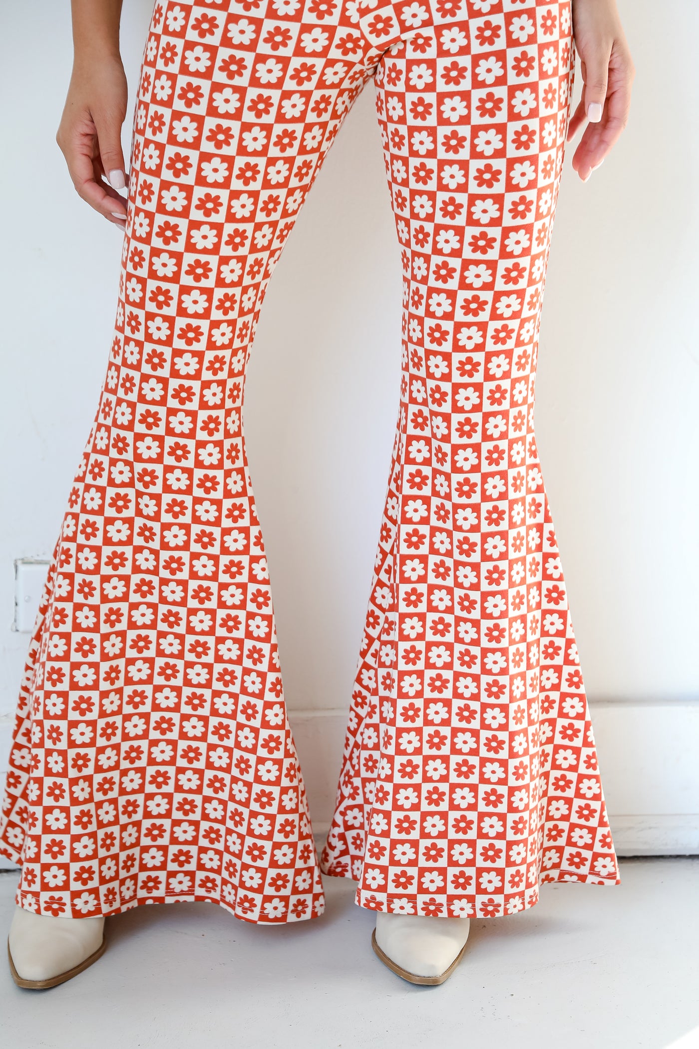Flower Checkered Flare Pants close up