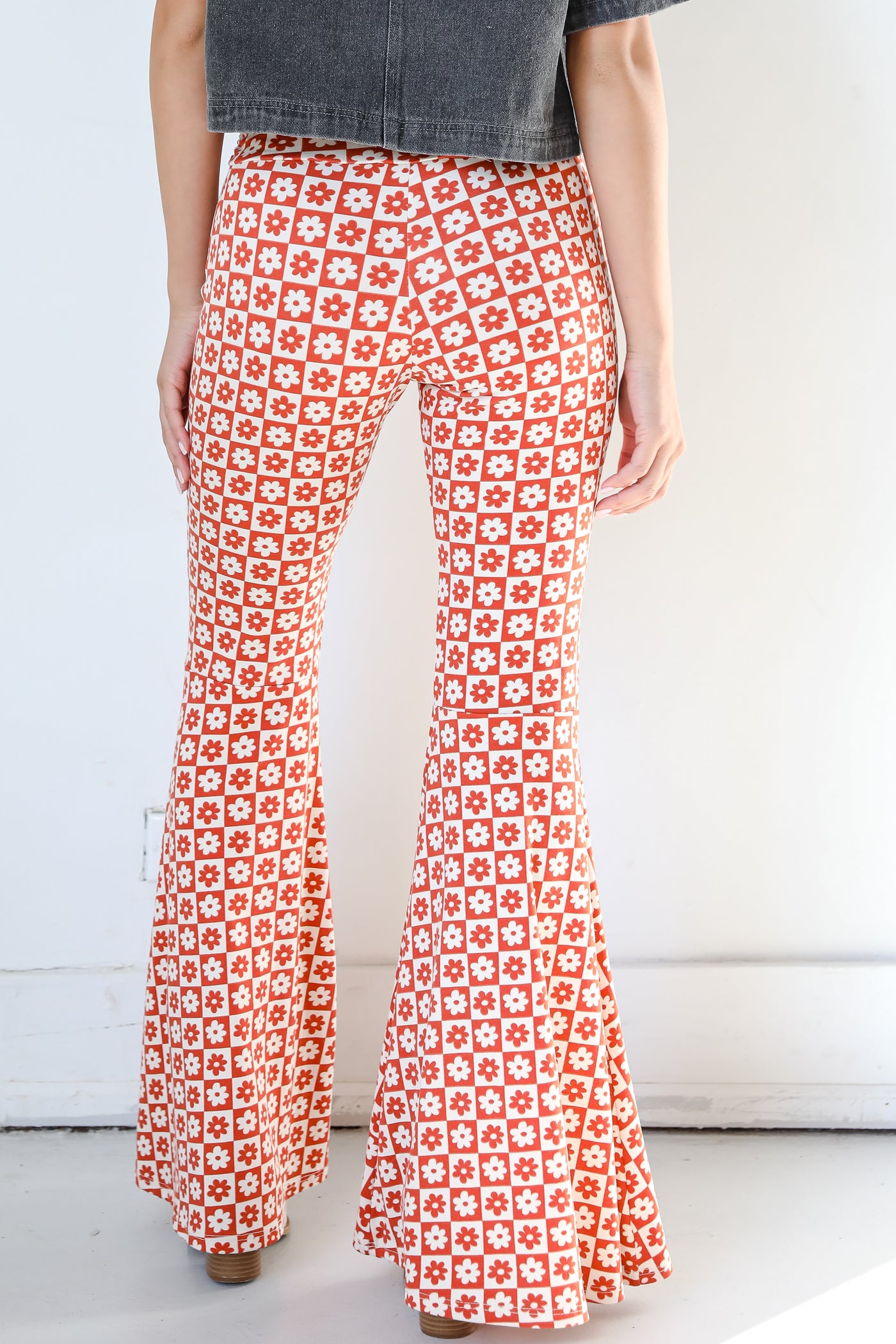 Flower Checkered Flare Pants back view