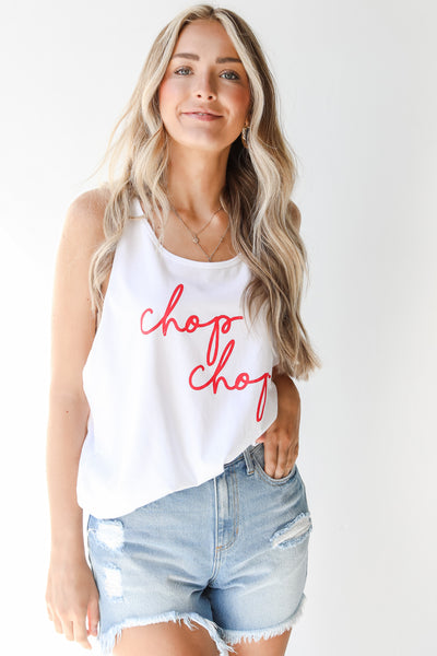 Chop Chop Graphic Tank in white on model