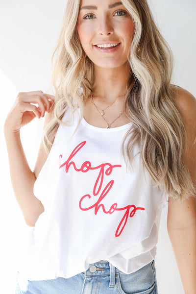 Chop Chop Graphic Tank in white close up