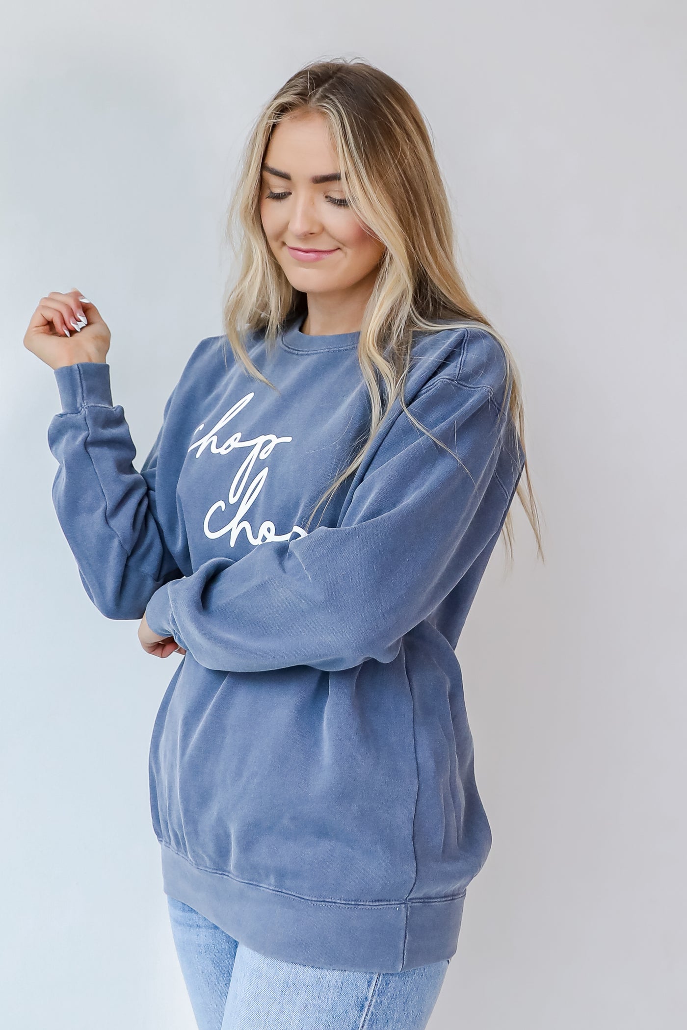 Chop Chop Script Pullover in navy side view