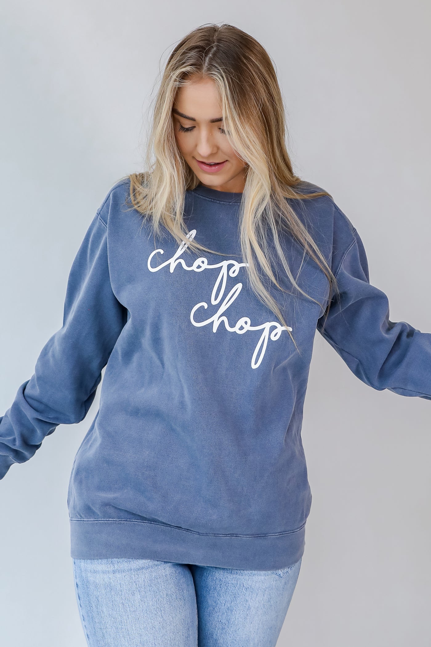 Chop Chop Script Pullover in navy front view
