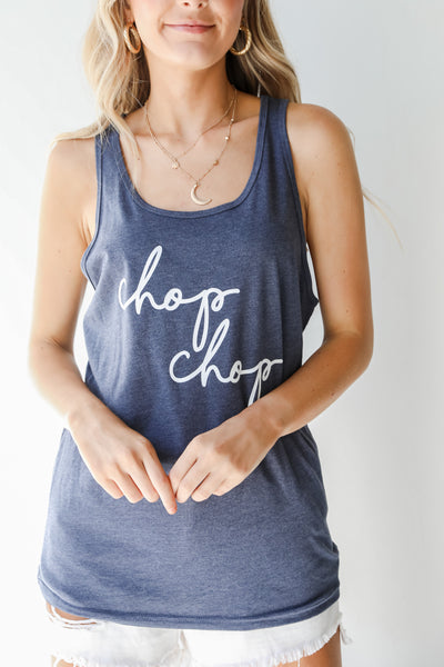 Chop Chop Graphic Tank in navy on model