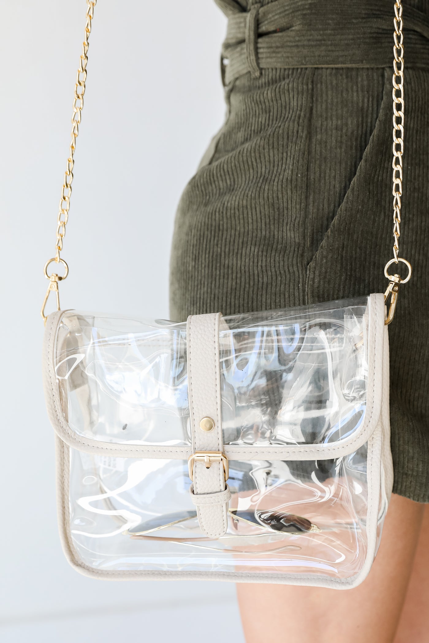 taupe Clear Crossbody Bag close up