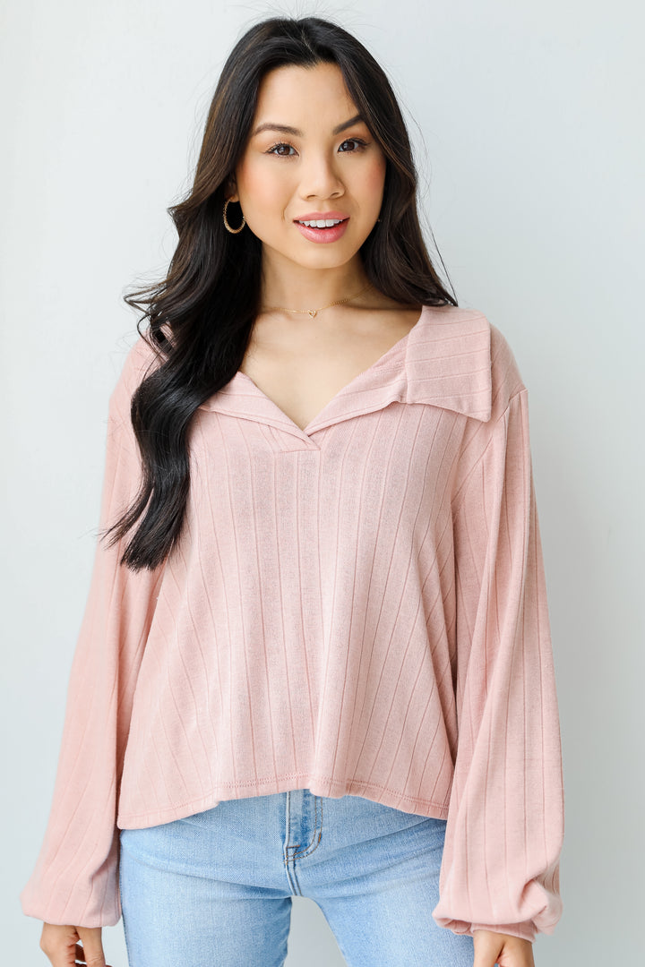 Collared Knit Top in blush front view