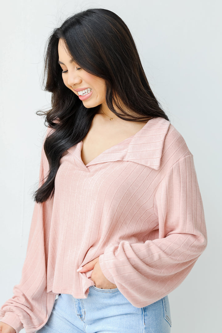 Collared Knit Top in blush side view