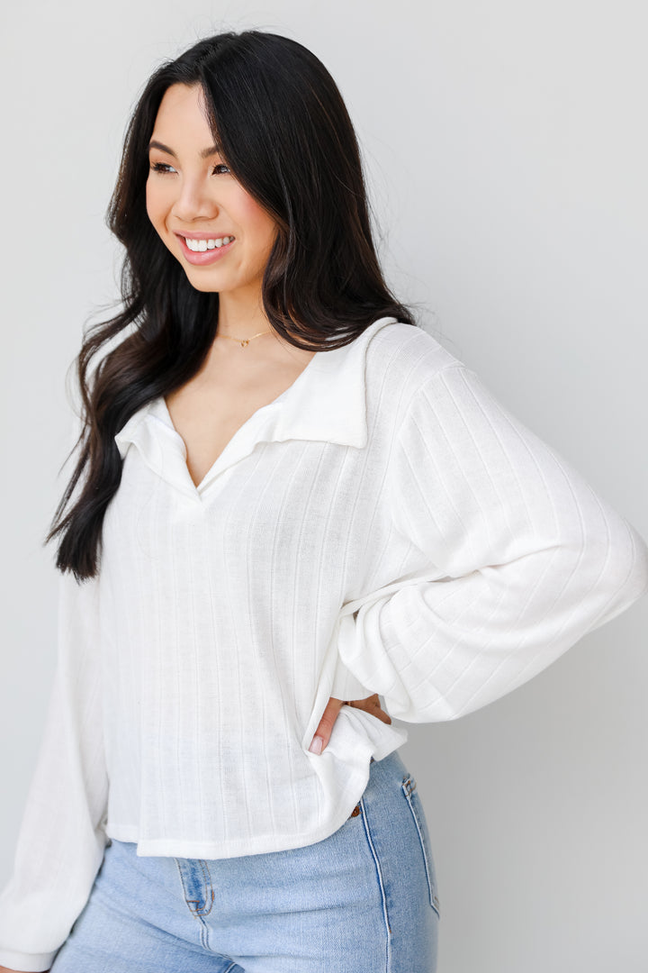 Collared Knit Top in white side view