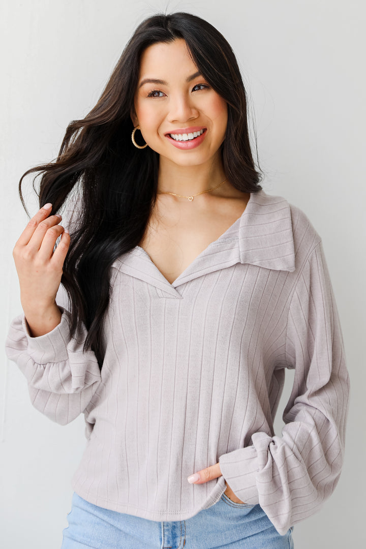 Collared Knit Top in grey front view