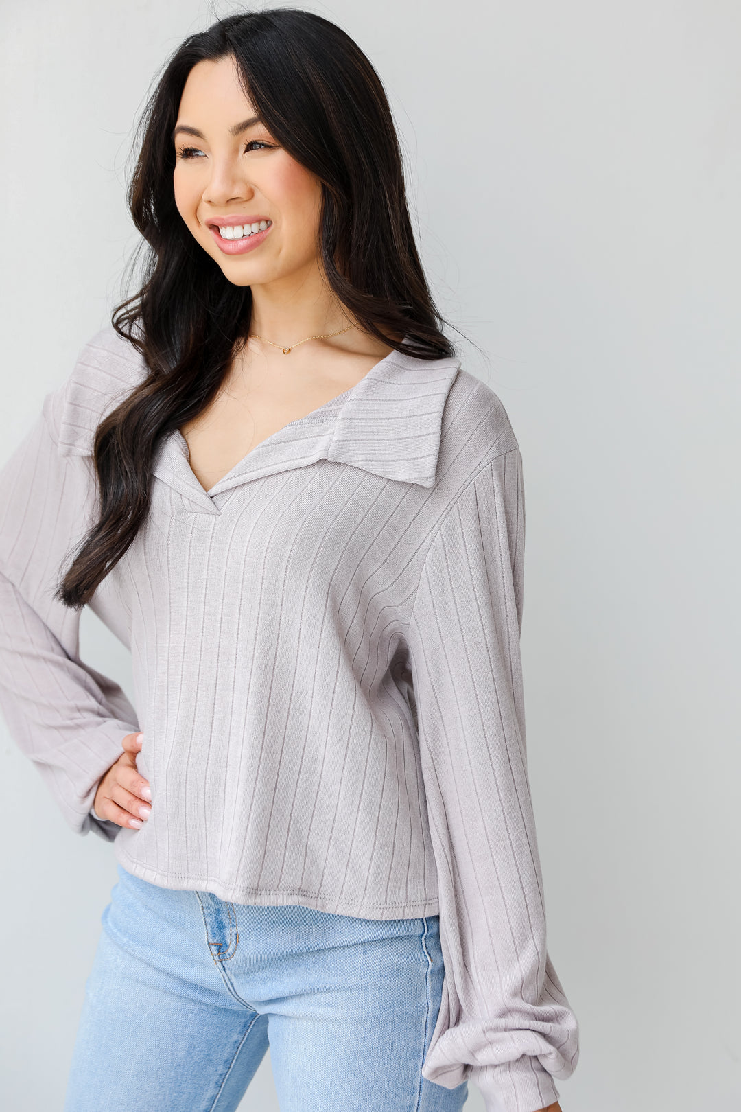 Collared Knit Top in grey side view