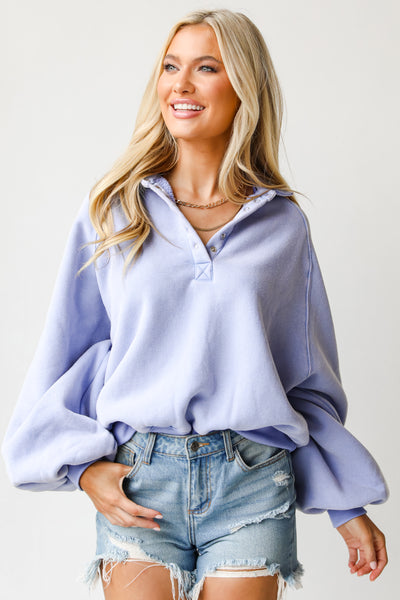 blue Fleece Collared Pullover on model