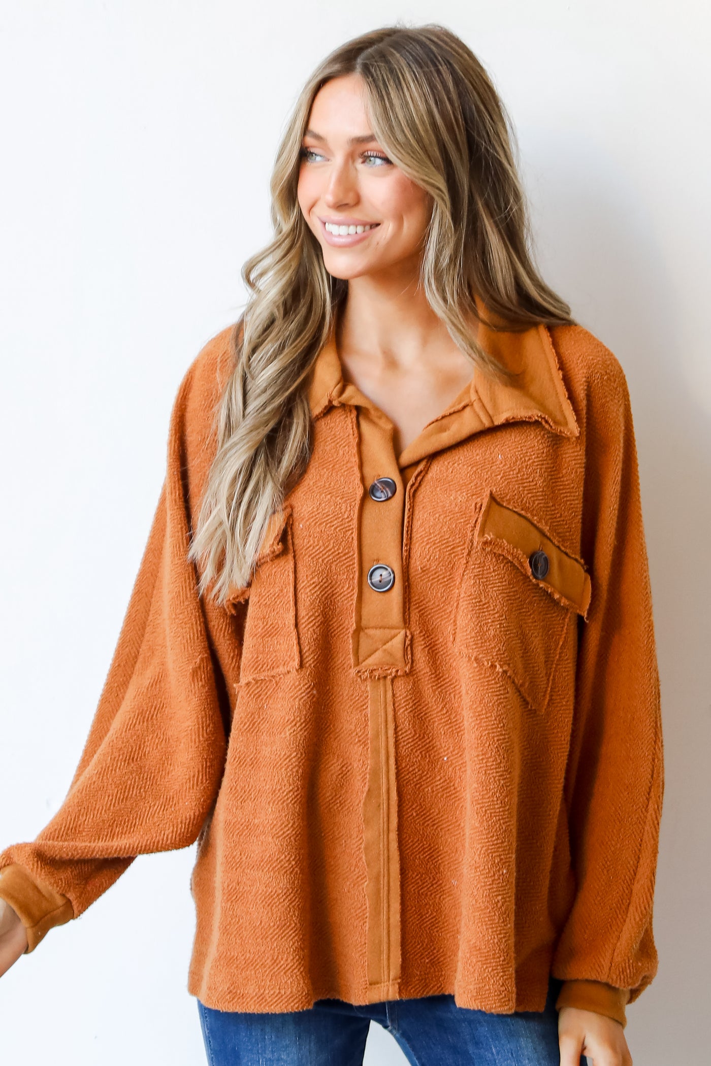 camel Oversized Collared Top on model