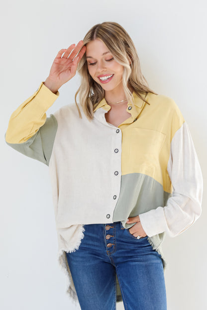 sage Color Block Button-Up Blouse front view