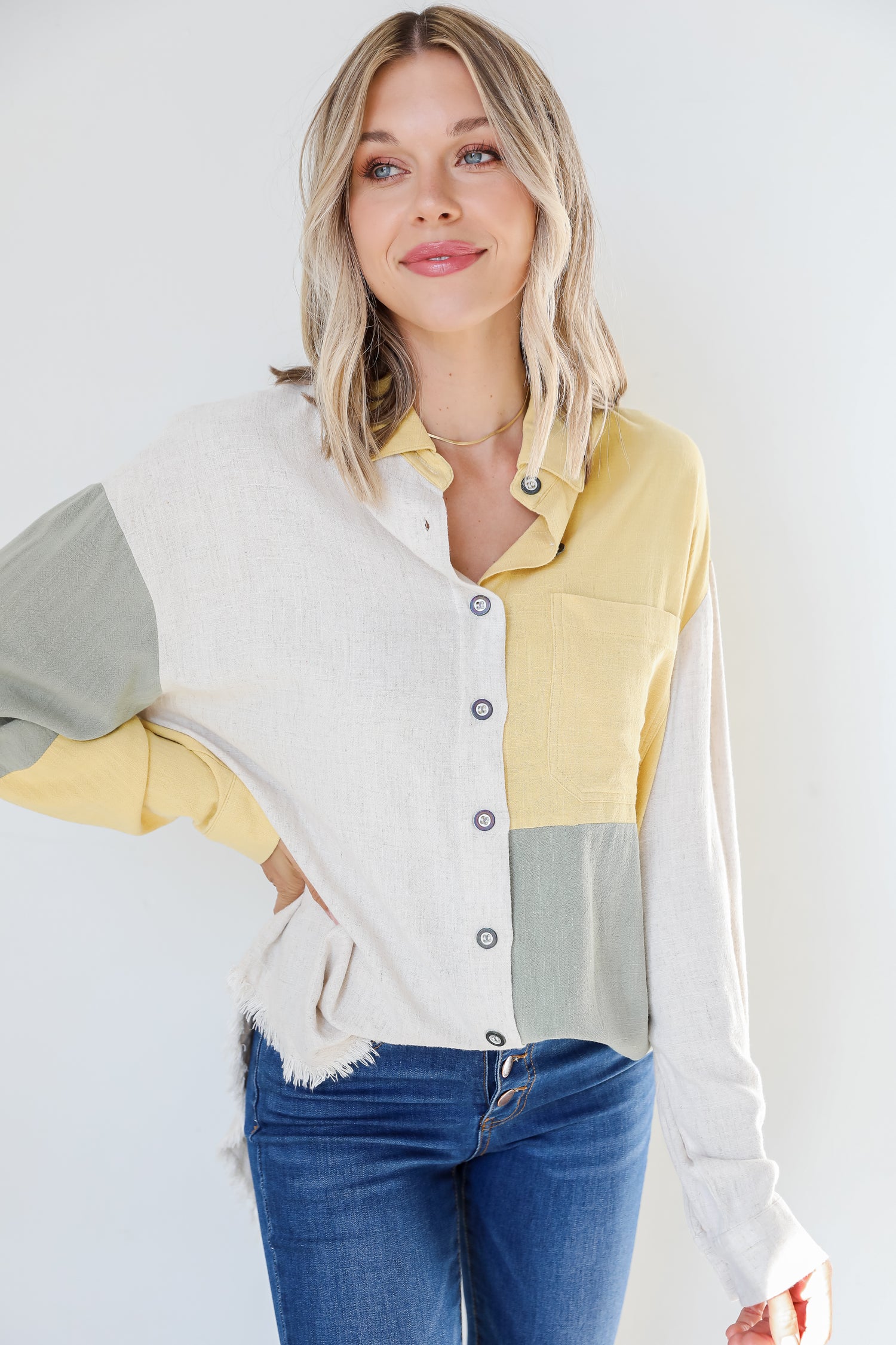 sage Color Block Button-Up Blouse