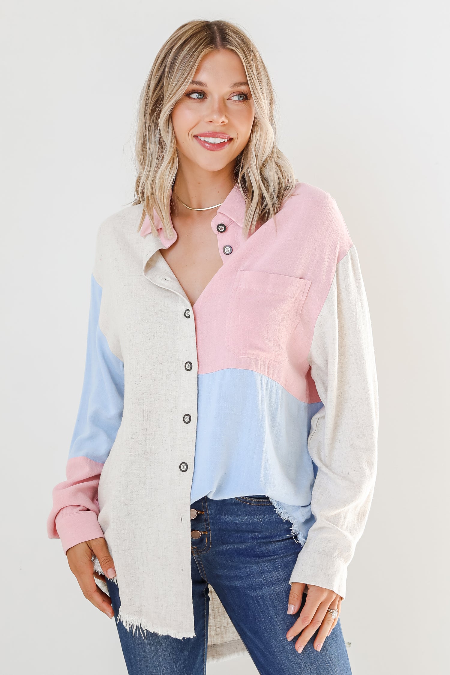 blush Color Block Button-Up Blouse