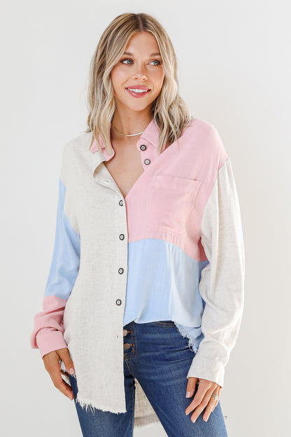 blush Color Block Button-Up Blouse