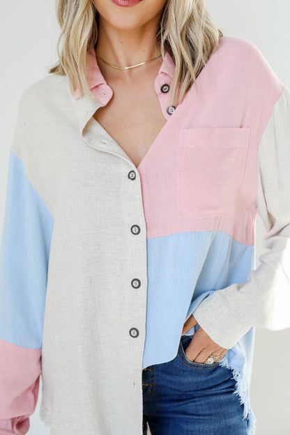 blush Color Block Button-Up Blouse close up