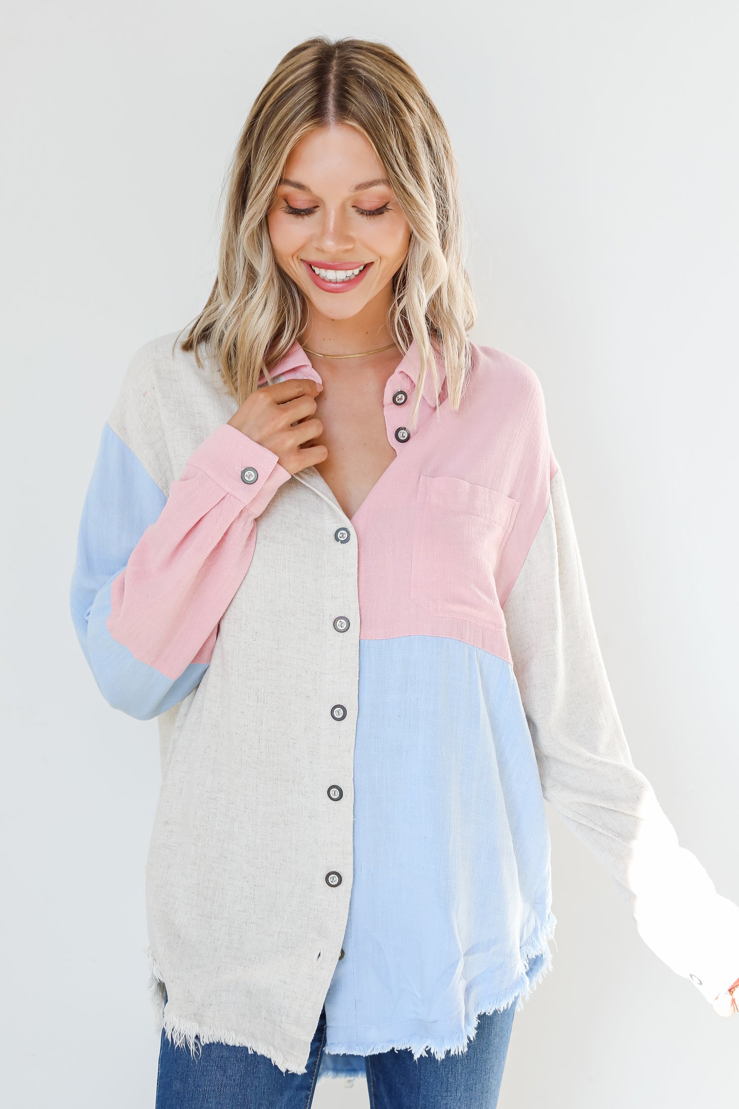 blush Color Block Button-Up Blouse front view