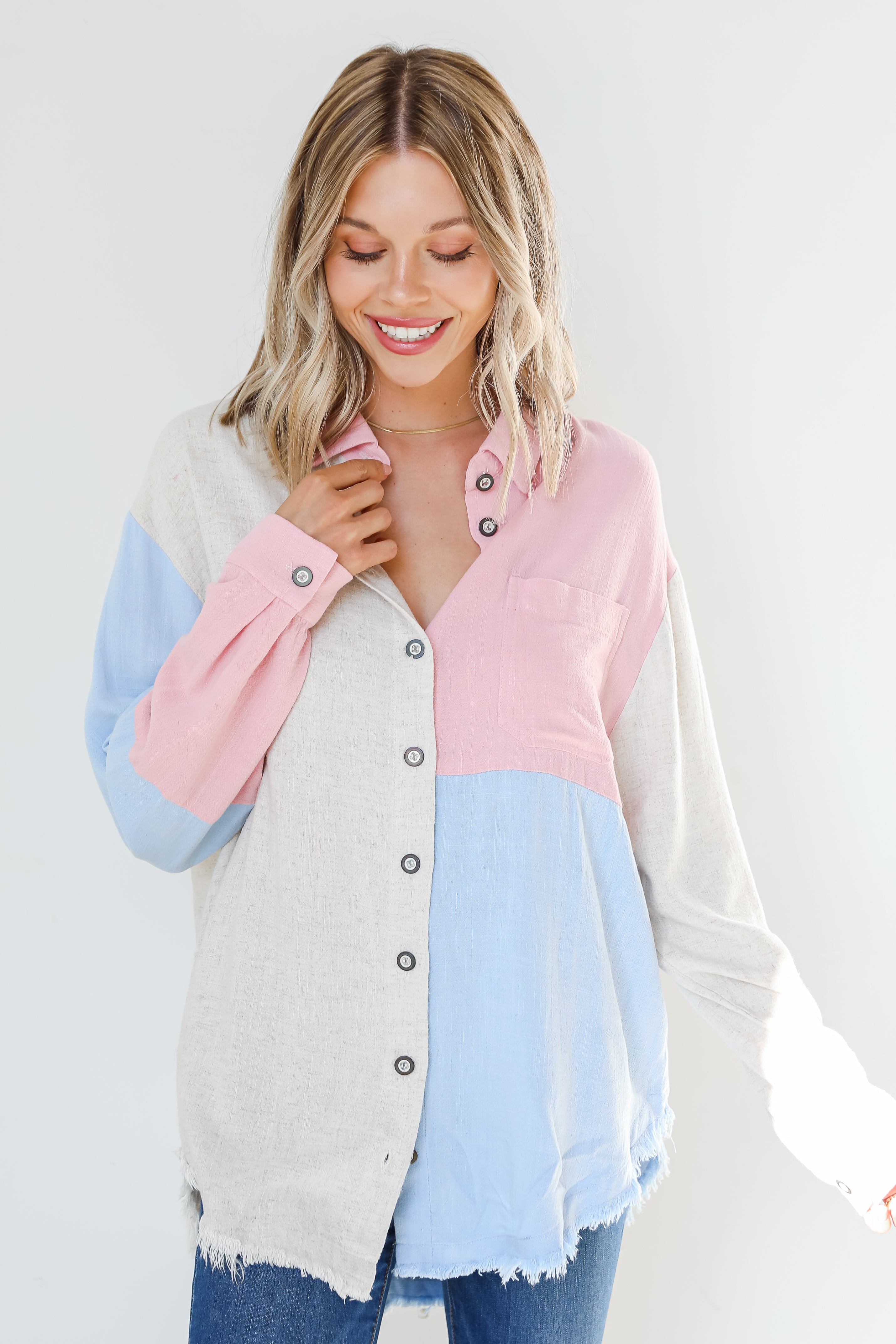 blush Color Block Button-Up Blouse front view
