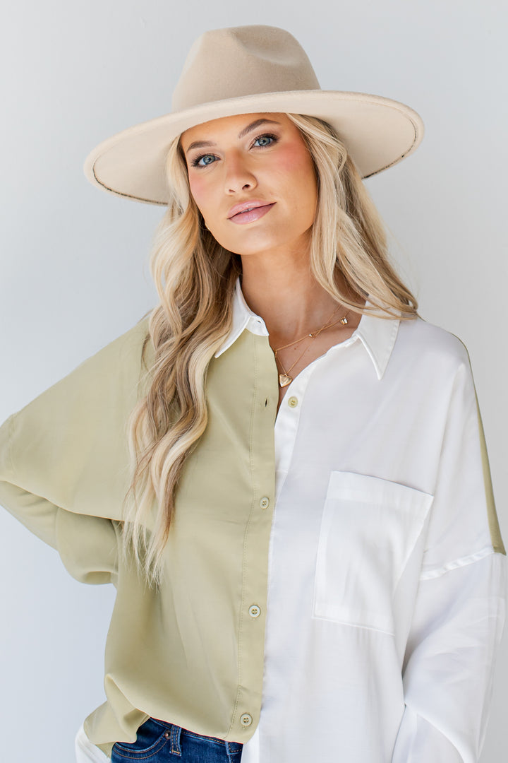 Two Tone Button-Up Blouse in lime front view