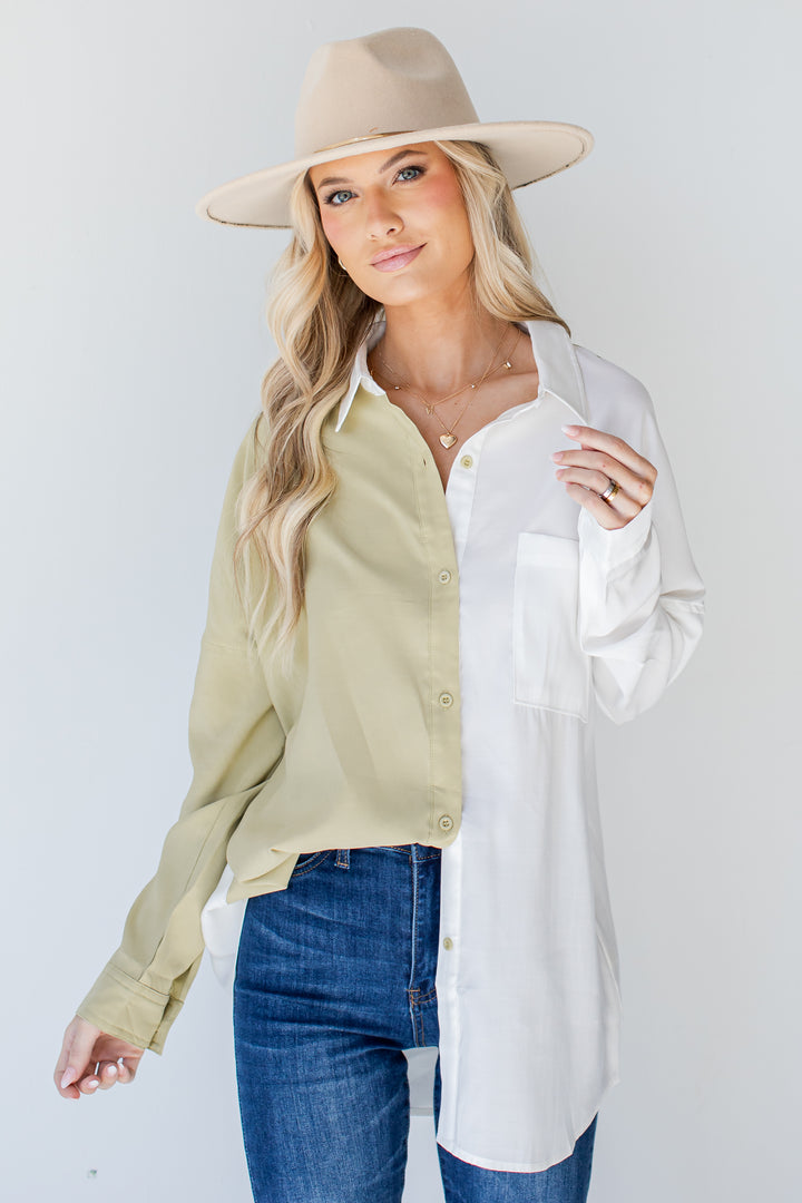 Two Tone Button-Up Blouse in lime
