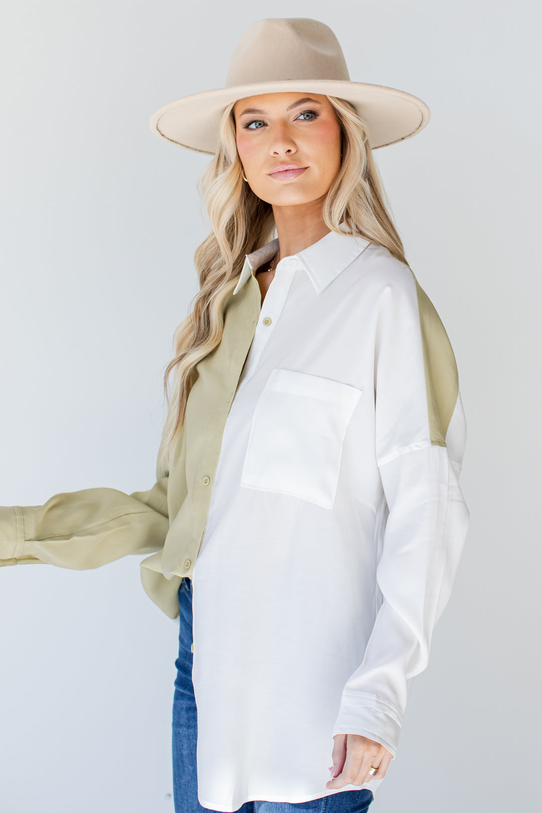 Two Tone Button-Up Blouse in lime side view