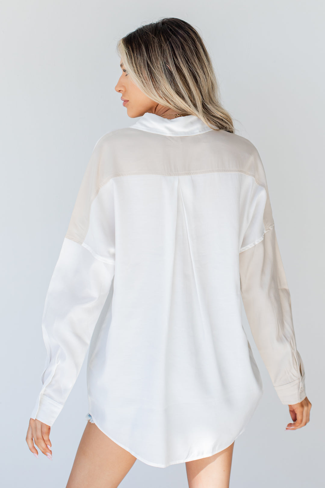 Two Tone Button-Up Blouse in tan back view