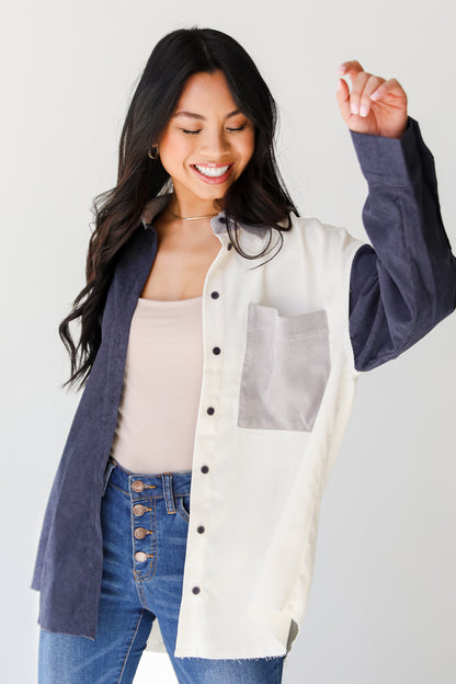 Corduroy Color Block Shacket front view