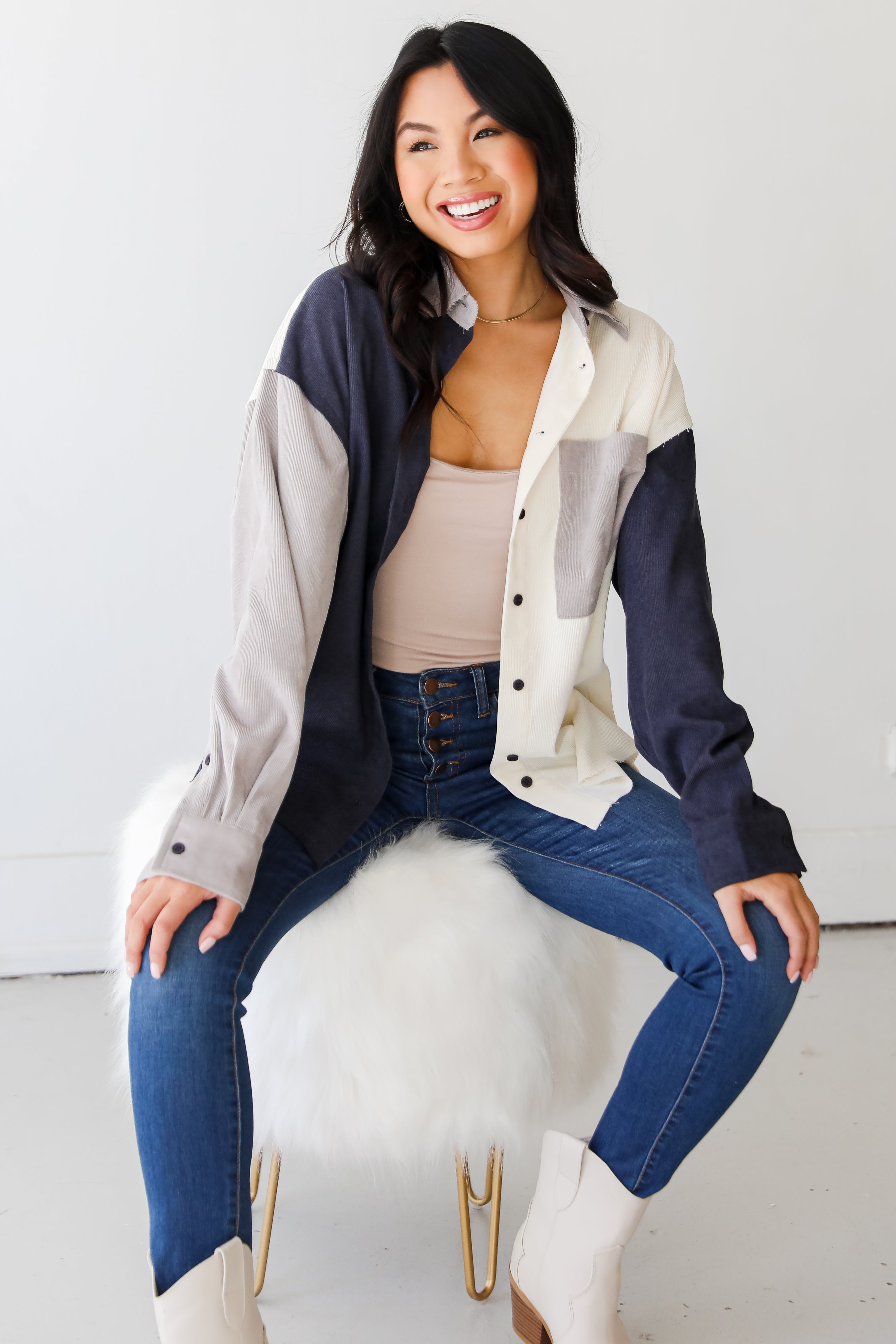 Corduroy Color Block Shacket on dress up model