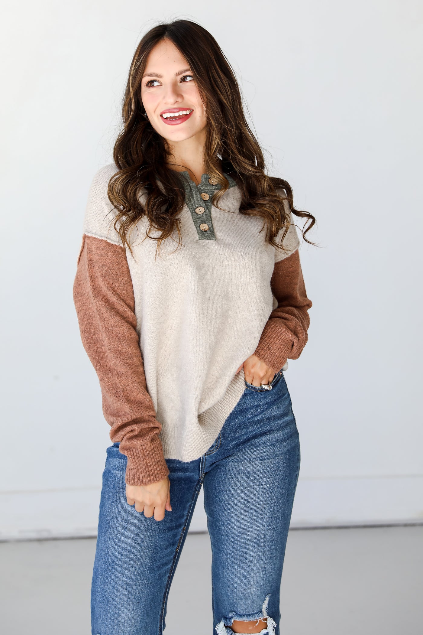 olive Color Block Sweater on model