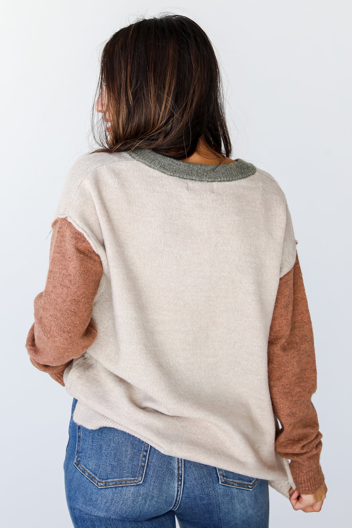 olive Color Block Sweater back view