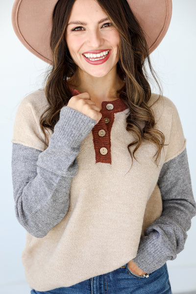rust Color Block Sweater on model