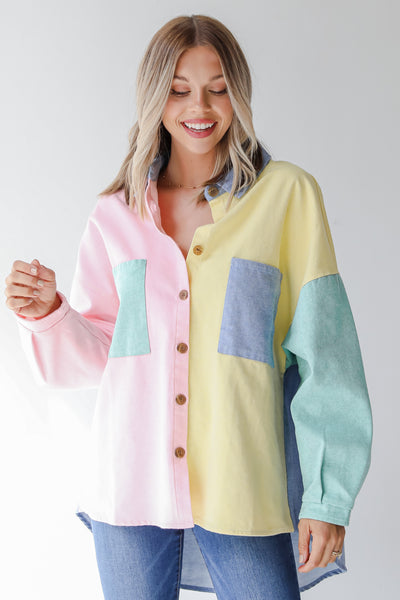 color block denim blouse on model