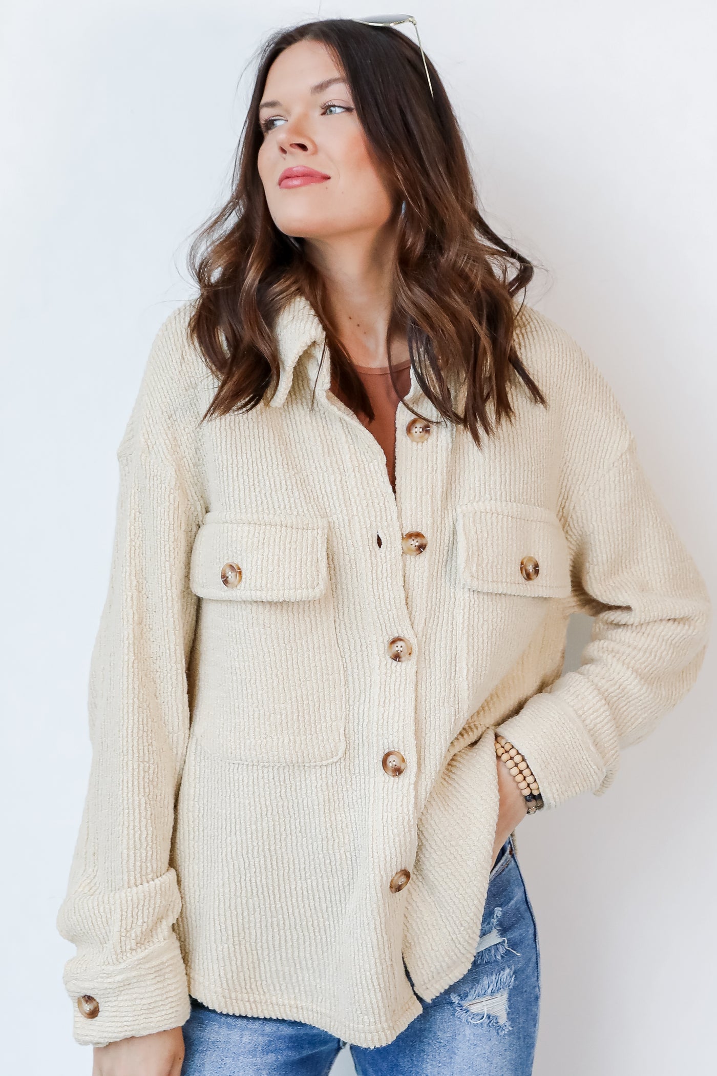 Corded Shacket in ivory front view