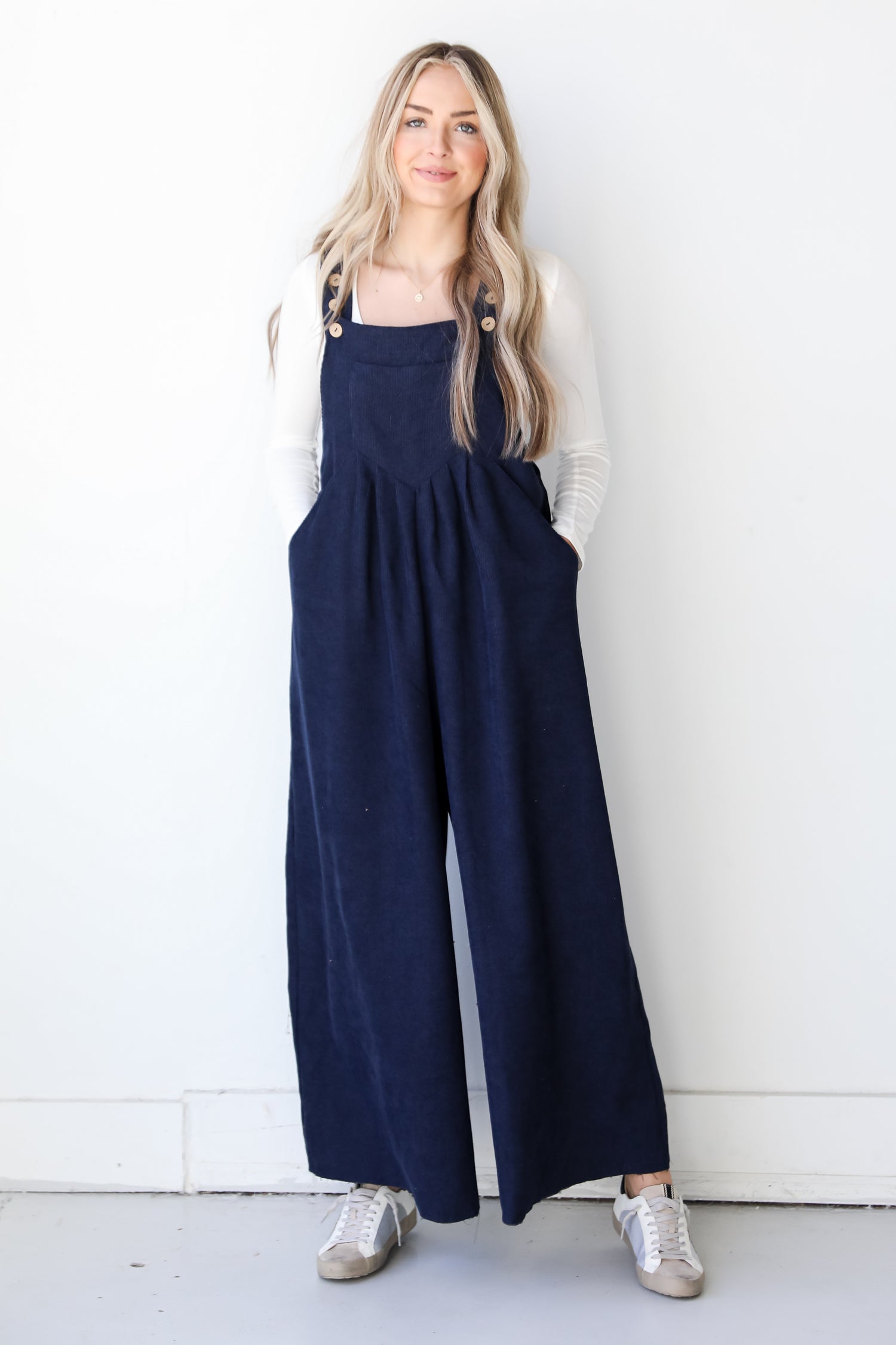 navy Corduroy Jumpsuit front view