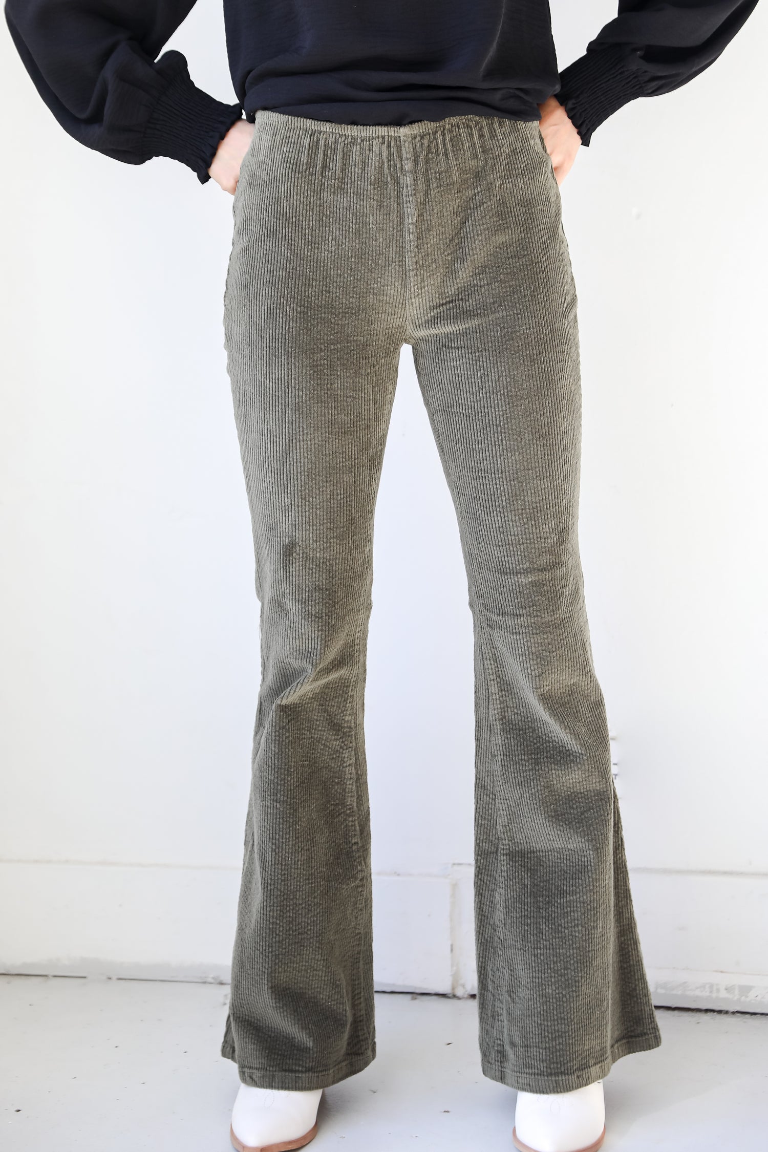 olive Corduroy Flare Pants on model