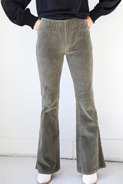 olive Corduroy Flare Pants on model