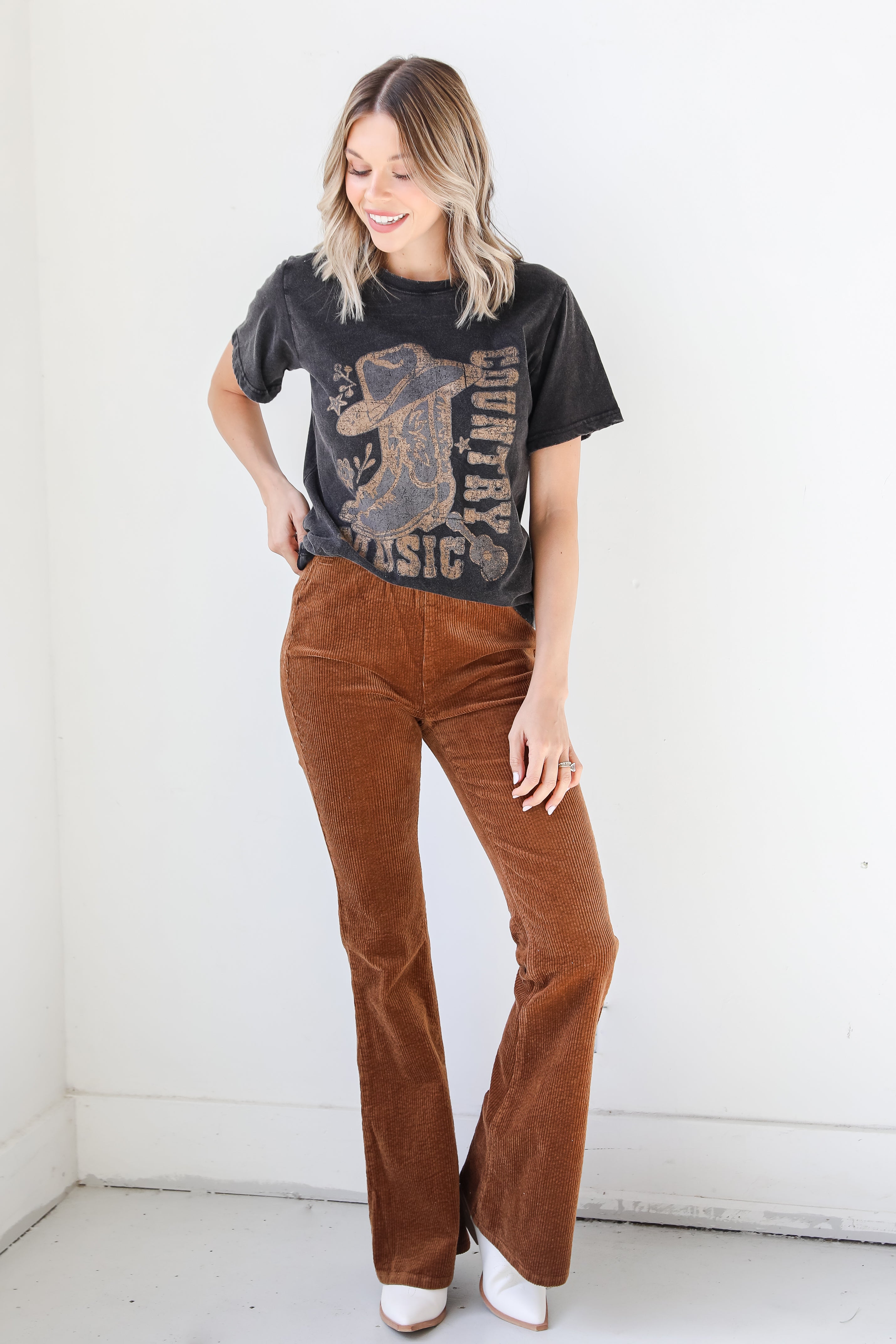 camel Corduroy Flare Pants on model