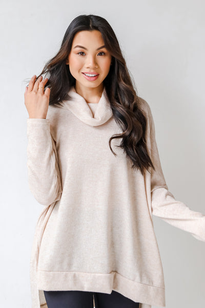 Cowl Neck Knit Top in oatmeal on model