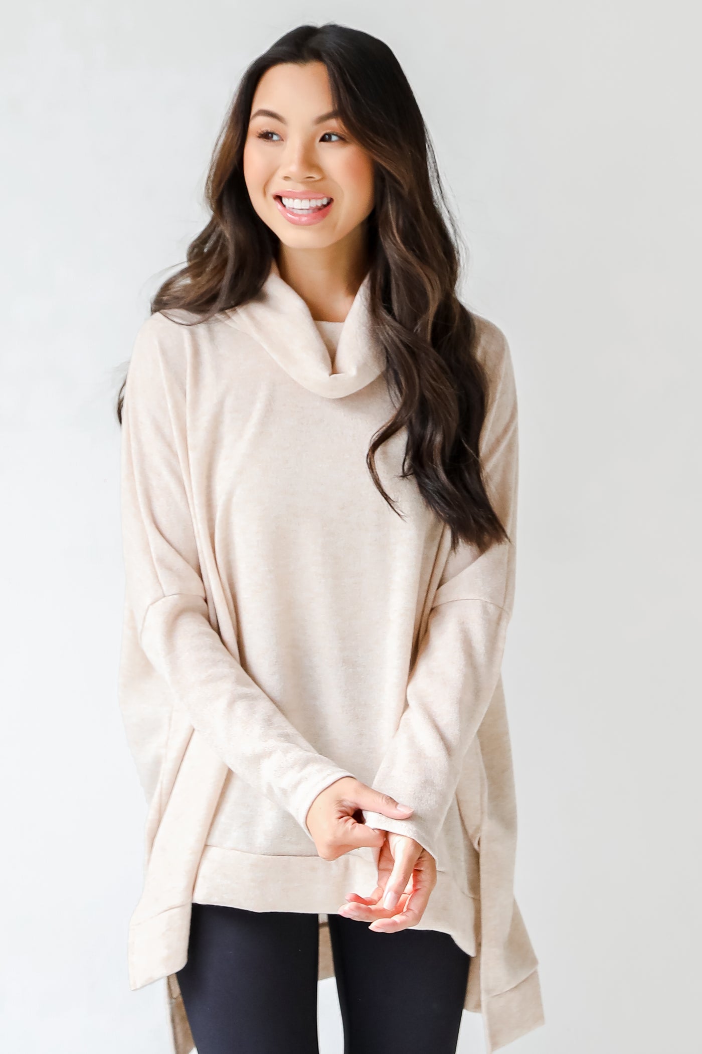 Cowl Neck Knit Top in oatmeal front view