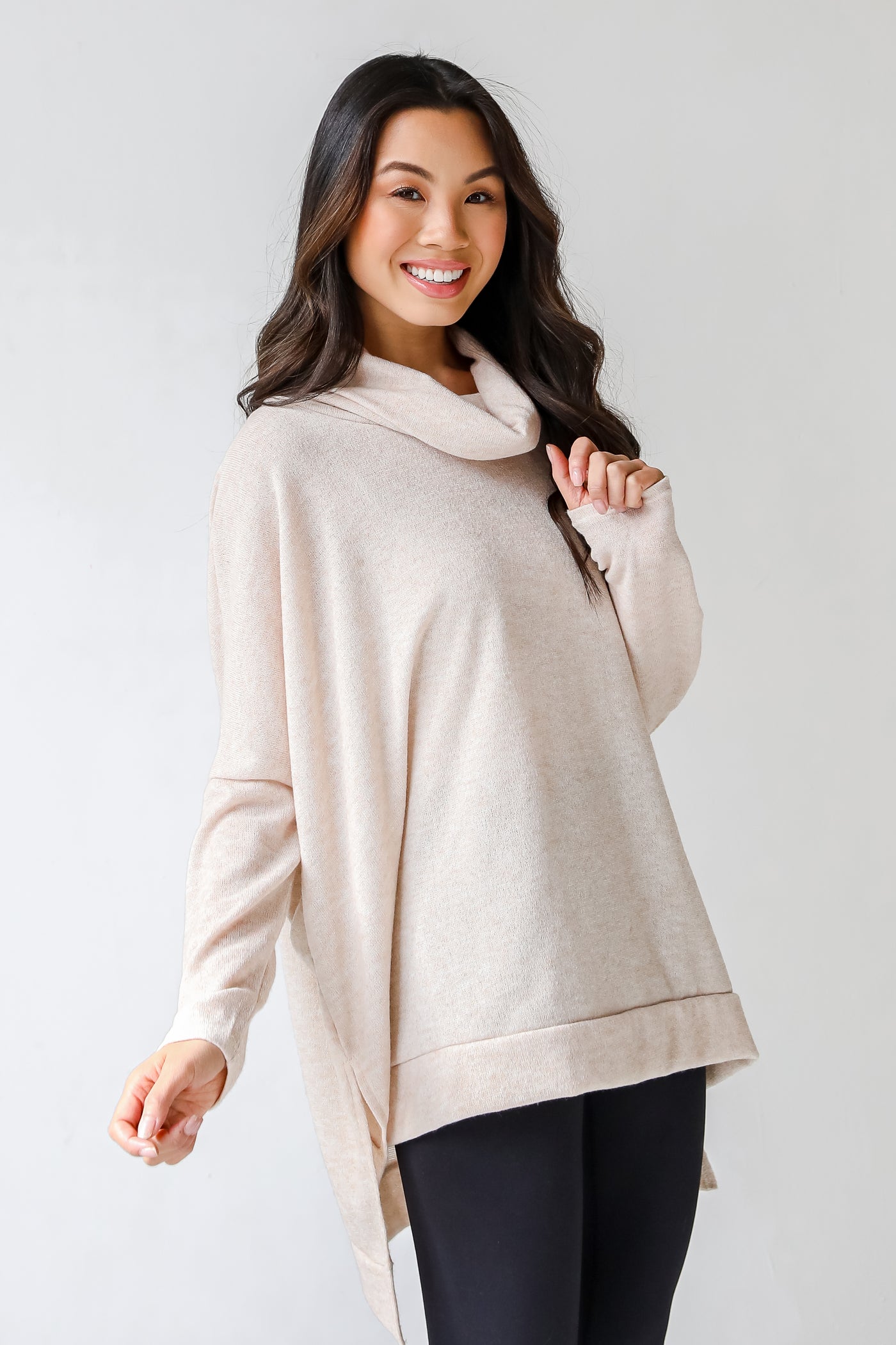 Cowl Neck Knit Top in oatmeal side view