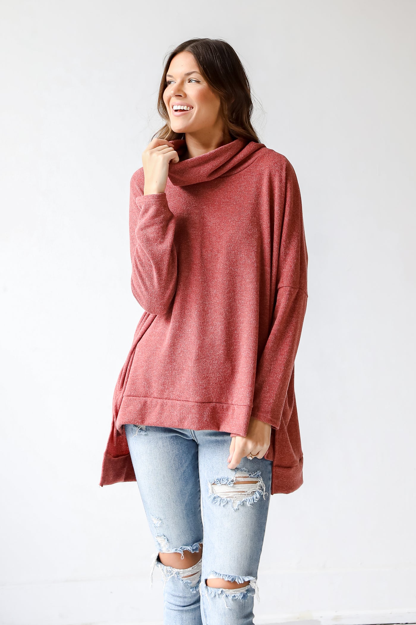 Cowl Neck Knit Top in rust on model