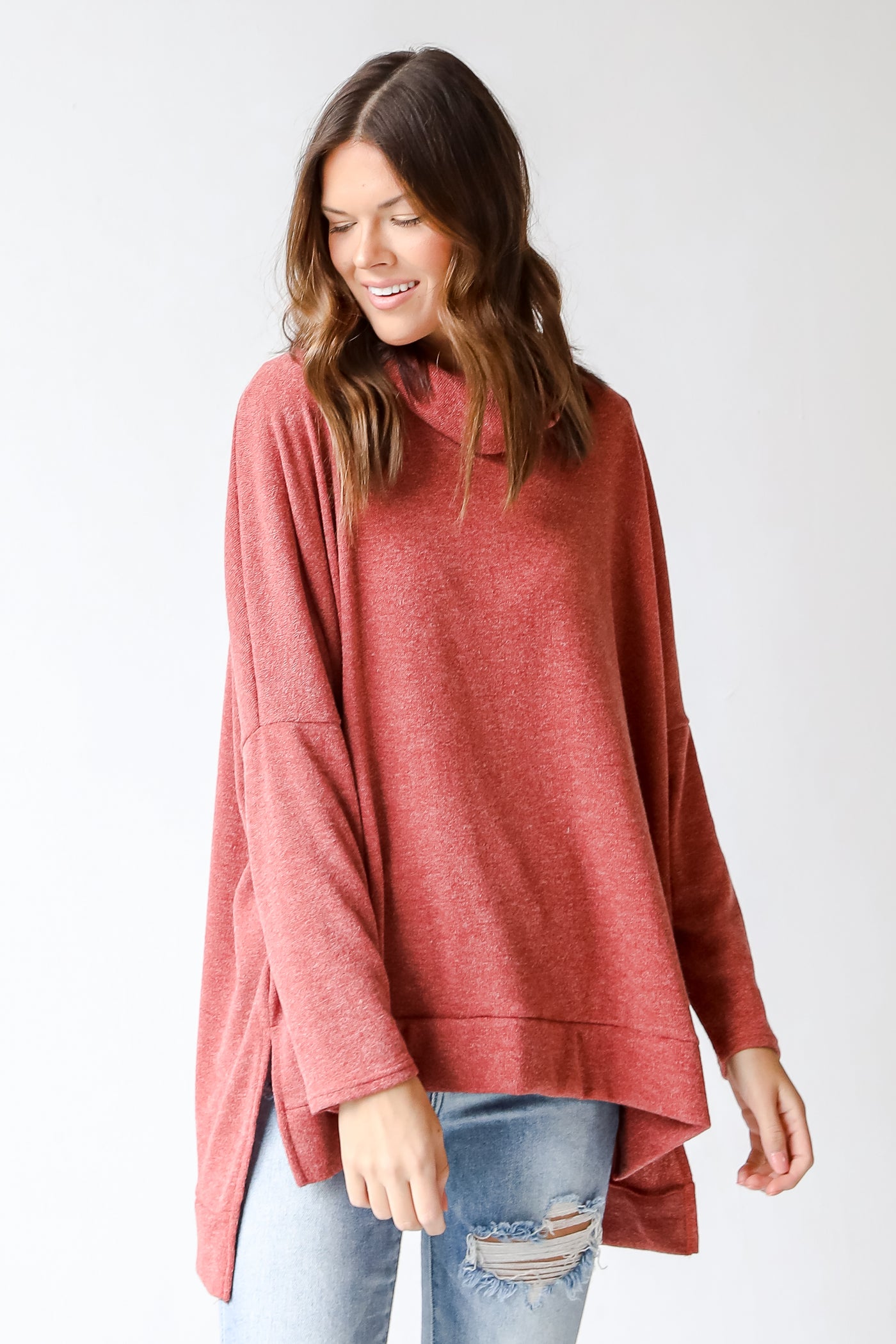 Cowl Neck Knit Top in rust front view
