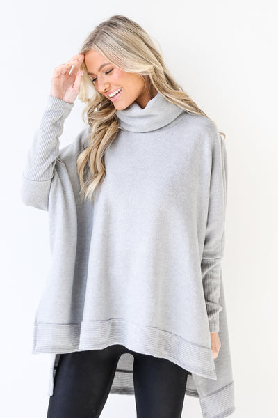 Cowl Neck Sweater in heather grey on model